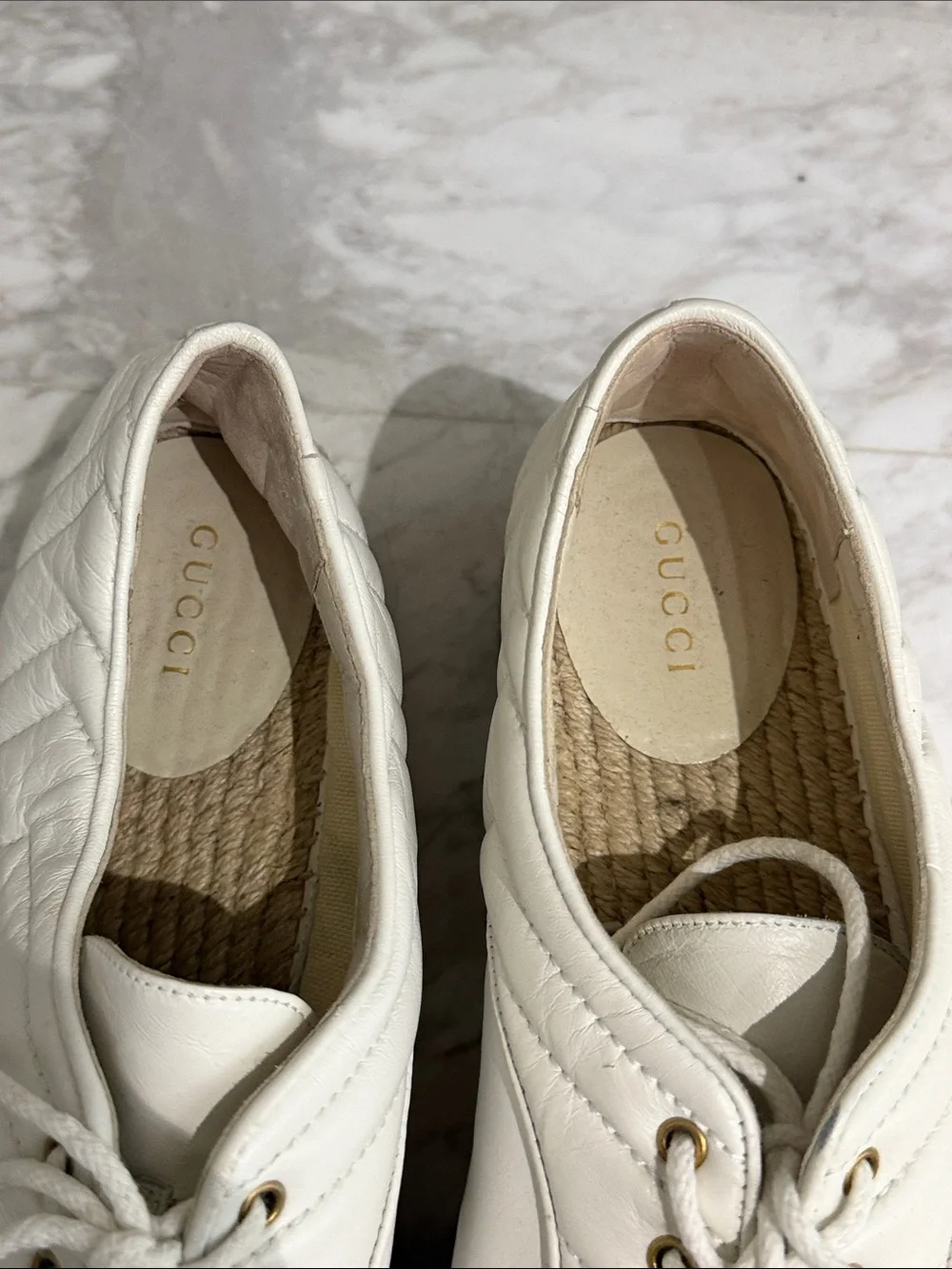 Gucci White Quilted Leather Platform Espadrille Sneakers with Red & Navy Stripes
